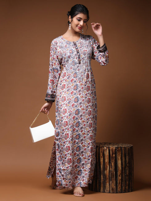 Noor Premium Printed PolySilk Chikankari Long gown for Women -Silver Floral Print